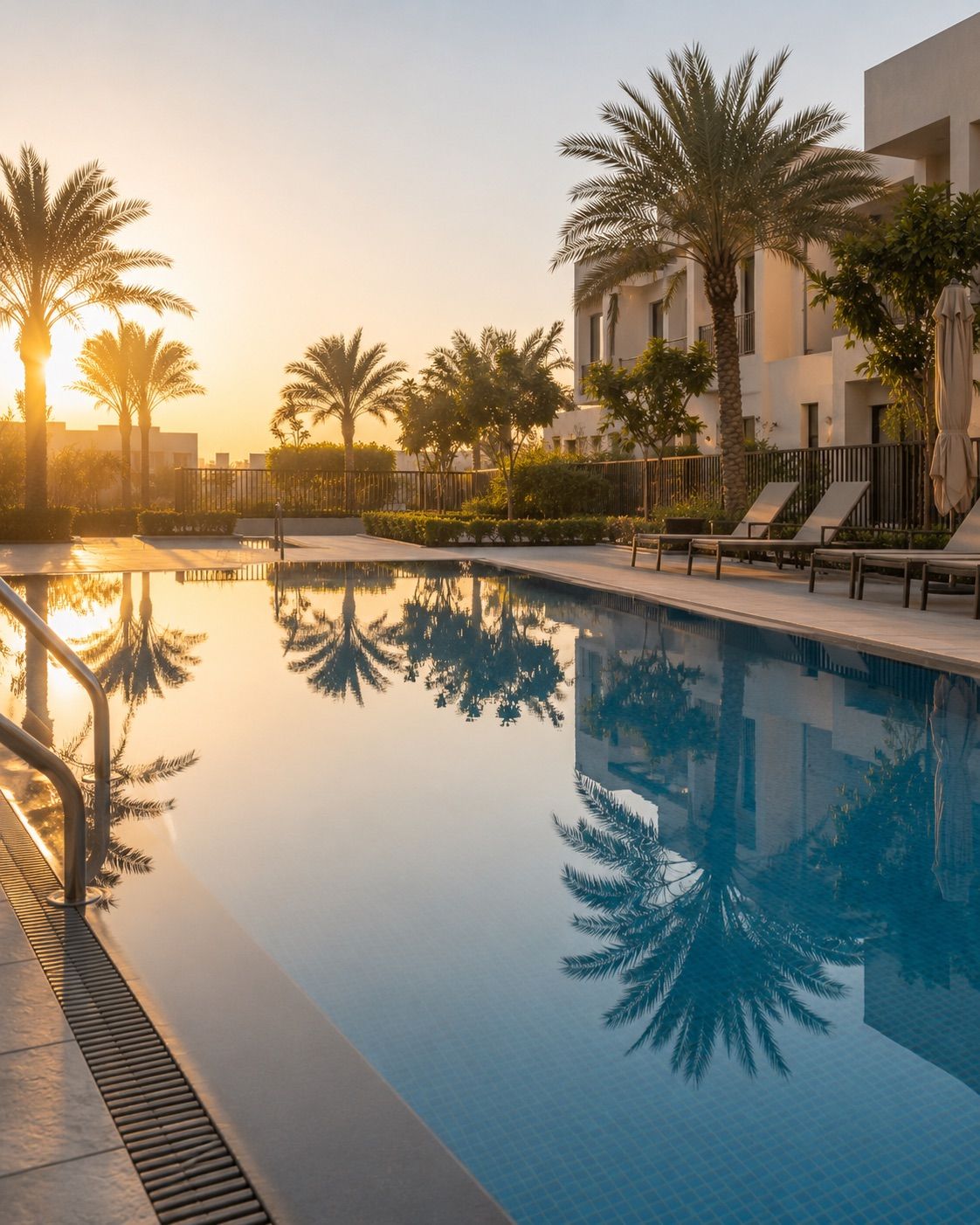 Shared community swimming pool in a Dubai townhouse development at sunrise