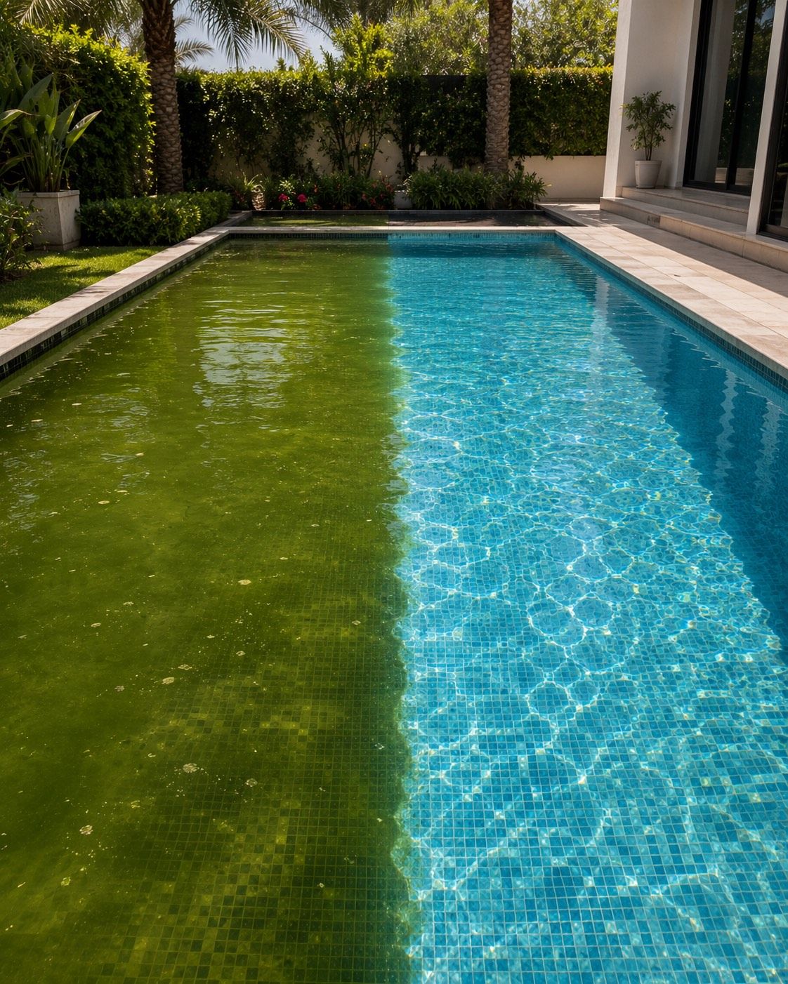 Half-recovered swimming pool turning from green to blue during algae treatment in Dubai