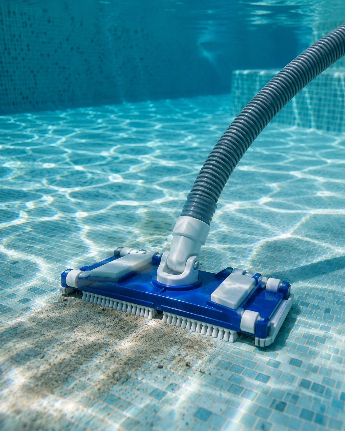 Pool vacuum head cleaning fine sand from the floor of a Dubai villa pool