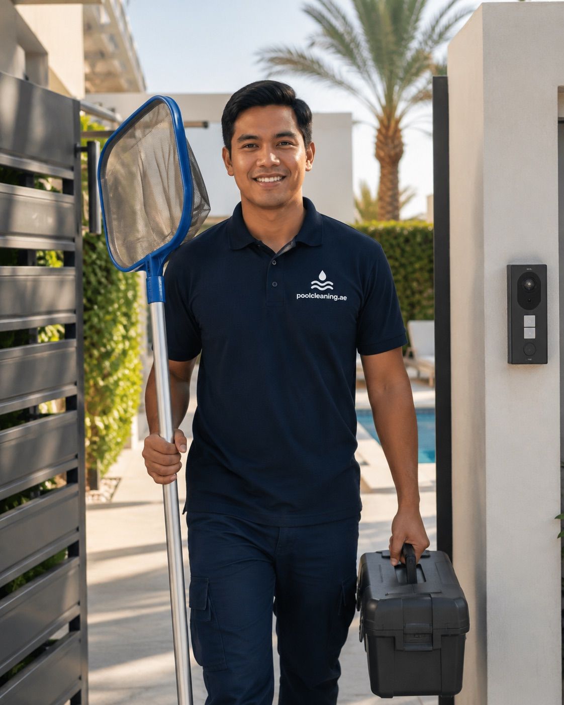 poolcleaning.ae technician arriving at a Dubai villa with pool cleaning equipment