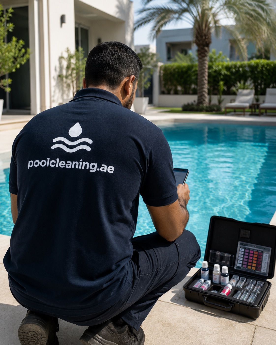 poolcleaning.ae technician testing water chemistry at a Dubai villa pool